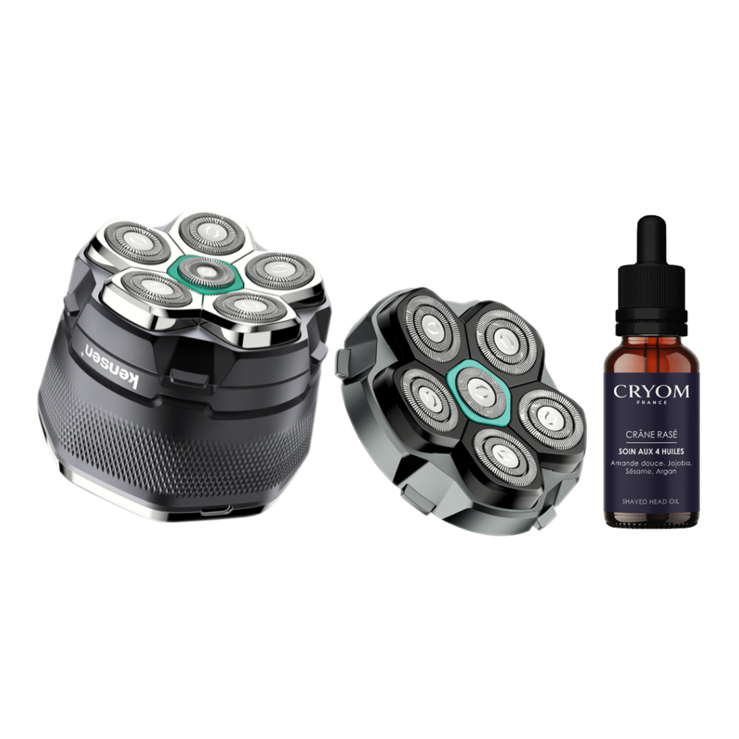 Pack "Tranquillité 12 mois" pour crâne chauve ou rasé : Rasoir électrique 6-têtes KENSEN + Tête de rechange + Huile CRYOM