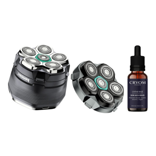Pack "Tranquillité 12 mois" pour crâne chauve ou rasé : Rasoir électrique 6-têtes KENSEN + Tête de rechange + Huile CRYOM