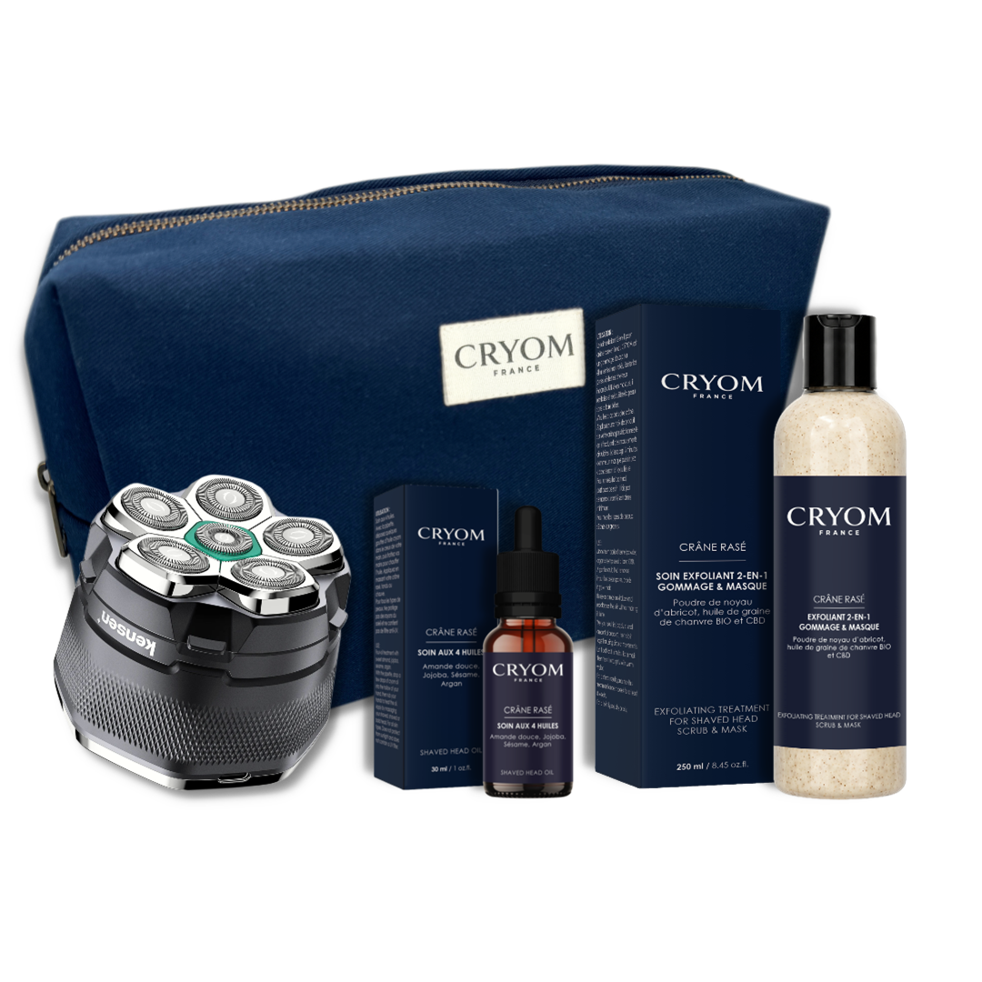 Kit complet "ALL INCLUSIVE" pour crâne rasé ou chauve – Rasoir électrique KENSEN + soins CRYOM