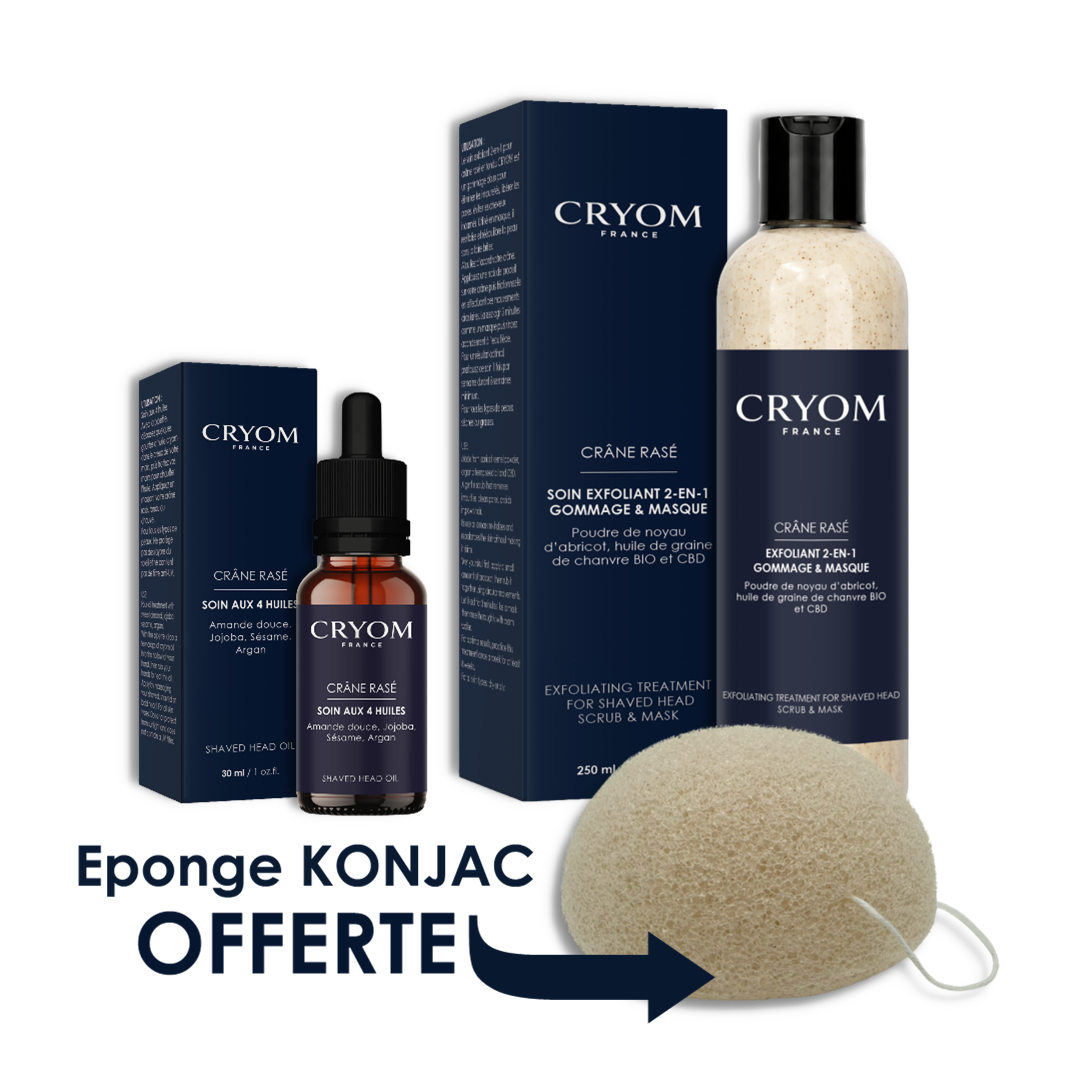 Routine du crâne rasé ou chauve – Exfoliant, huile & éponge Konjac