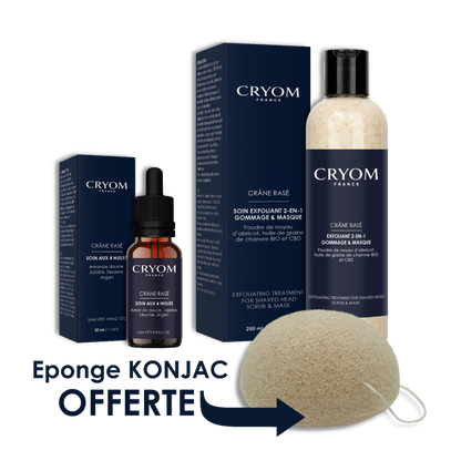 Routine du crâne rasé ou chauve – Exfoliant, huile & éponge Konjac
