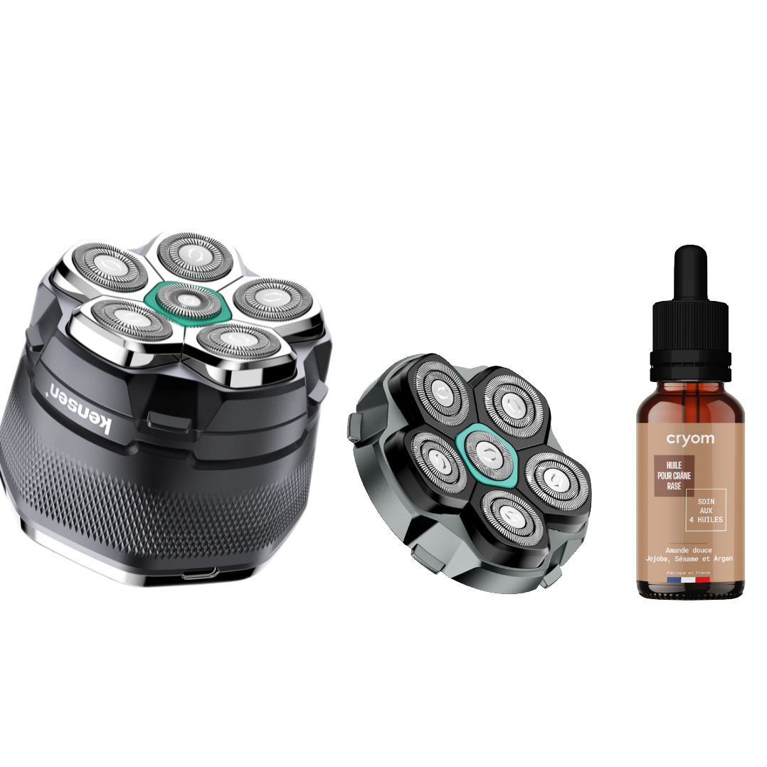 Pack "Tranquillité 12 mois" pour crâne chauve ou rasé : Rasoir électrique 6-têtes KENSEN + Tête de rechange + Huile CRYOM