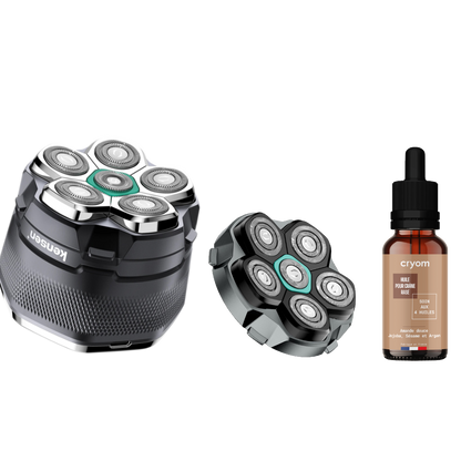 Pack "Tranquillité 12 mois" pour crâne chauve ou rasé : Rasoir électrique 6-têtes KENSEN + Tête de rechange + Huile CRYOM