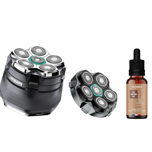 Pack "Tranquillité 12 mois" pour crâne rasé : Tondeuse KENSEN + Tête de rechange + Huile CRYOM