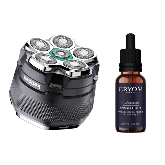 Routine du crâne rasé : tondeuse KENSEN + Huile pour crâne rasé CRYOM