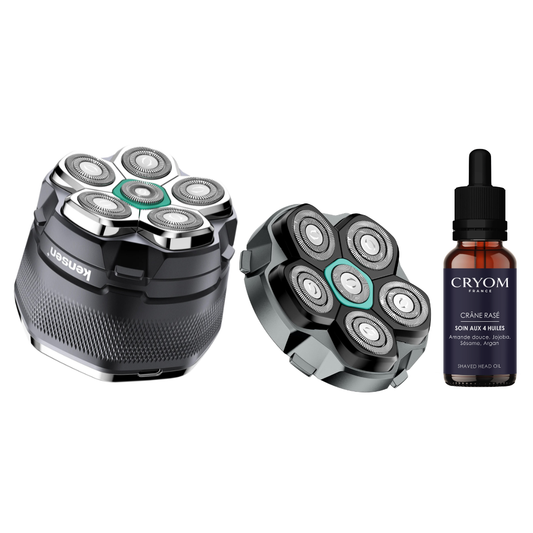 Pack "Tranquillité 12 mois" pour crâne chauve ou rasé : Rasoir électrique 6-têtes KENSEN + Tête de rechange + Huile CRYOM