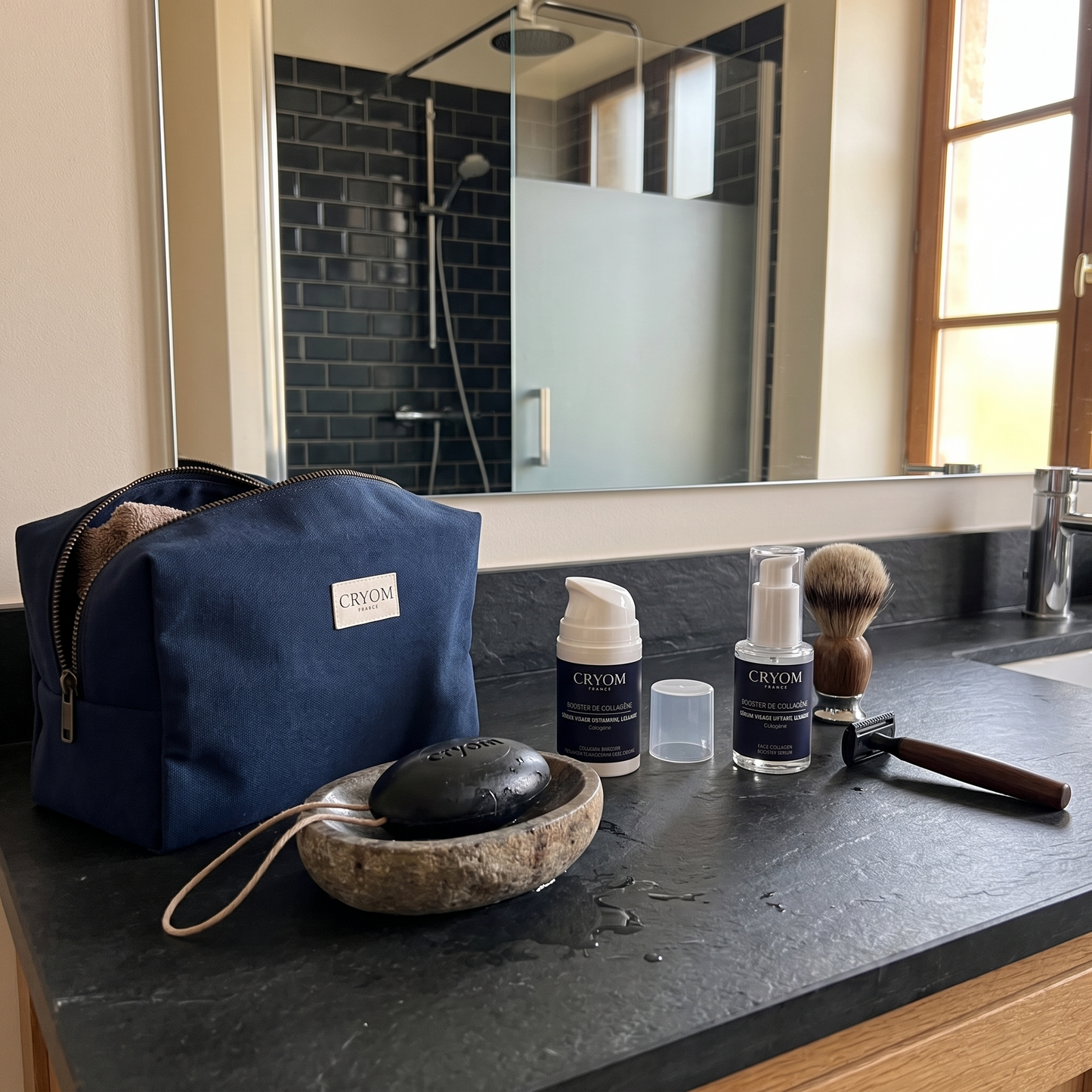 Routine visage homme complète BOOSTER DE COLLAGÈNE – Sérum, crème, savon & trousse